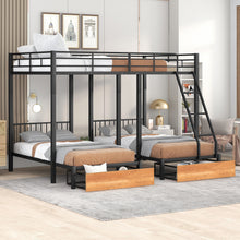 Load image into Gallery viewer, Full Over Twin &amp; Twin Bunk Bed, Metal Triple Bunk Bed with Drawers and Guardrails, Black
