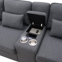 Load image into Gallery viewer, [VIDEO provided] [New] 114.2&quot; Upholstered Sofa with Console, 2 Cupholders and 2 USB Ports Wired or Wirelessly Charged, Modern Linen Fabric Couches with 4 Pillows for Living Room, Apartment (4-Seat)
