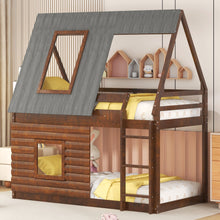 Load image into Gallery viewer, Wood Twin Size House Bunk Bed with Roof, Ladder and 2 Windows, Oak &amp; Smoky Grey
