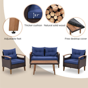 GO 4-Piece Garden Furniture,  Patio Seating Set, PE Rattan Outdoor Sofa Set, Wood Table and Legs, Brown and Blue