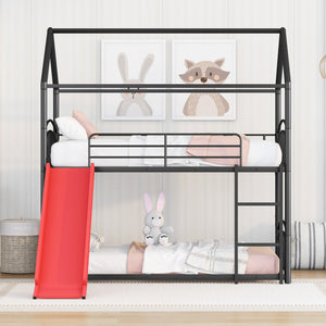 Twin Over Twin Metal Bunk Bed With Slide,Kids House Bed Black+Red