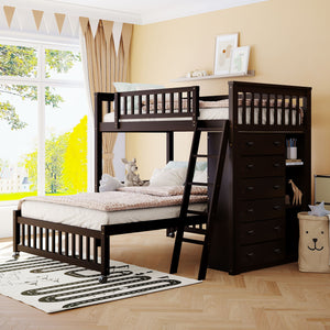 Wooden Twin Over Full Bunk Bed With Six Drawers And Flexible Shelves,Bottom Bed With Wheels,Espresso(OLD SKU:LP000531AAP)