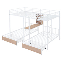 Load image into Gallery viewer, Full Over Twin &amp; Twin Triple Bunk Bed with Drawers, Multi-functional Metal Frame Bed with desks and shelves in the middle, White
