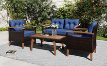 Load image into Gallery viewer, GO 4-Piece Garden Furniture,  Patio Seating Set, PE Rattan Outdoor Sofa Set, Wood Table and Legs, Brown and Blue
