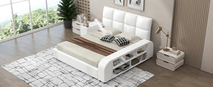 Queen Size Upholstered Platform Bed with Multimedia Nightstand and Storage Shelves, White