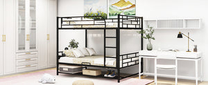 Full Over Full Metal Bunk Bed with Shelf and Guardrails, Black