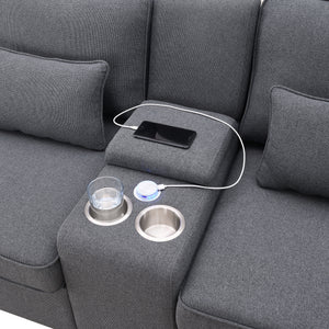 [VIDEO provided] [New] 114.2" Upholstered Sofa with Console, 2 Cupholders and 2 USB Ports Wired or Wirelessly Charged, Modern Linen Fabric Couches with 4 Pillows for Living Room, Apartment (4-Seat)