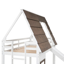 Load image into Gallery viewer, Wood Twin Size House Bunk Bed with Roof, Ladder and Slide, White+Brown
