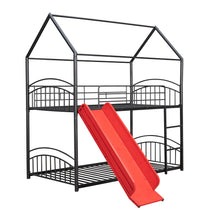 Load image into Gallery viewer, Twin Over Twin Metal Bunk Bed With Slide,Kids House Bed Black+Red
