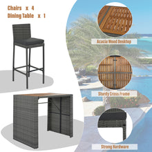 Load image into Gallery viewer, GO 5-pieces Outdoor Patio Wicker Bar Set, Bar Height Chairs With Non-Slip Feet And Fixed Rope, Removable Cushion, Acacia Wood Table Top, Brown Wood And Gray Wicker
