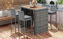 Load image into Gallery viewer, GO 5-pieces Outdoor Patio Wicker Bar Set, Bar Height Chairs With Non-Slip Feet And Fixed Rope, Removable Cushion, Acacia Wood Table Top, Brown Wood And Gray Wicker
