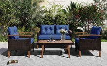 Load image into Gallery viewer, GO 4-Piece Garden Furniture,  Patio Seating Set, PE Rattan Outdoor Sofa Set, Wood Table and Legs, Brown and Blue
