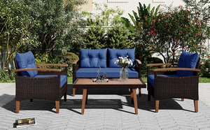 GO 4-Piece Garden Furniture,  Patio Seating Set, PE Rattan Outdoor Sofa Set, Wood Table and Legs, Brown and Blue