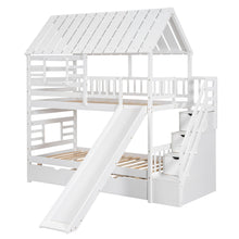 Load image into Gallery viewer, Twin over Twin House Bunk Bed with Trundle and Slide, Storage Staircase, Roof and Window Design, White(Old SKU: GX000931AAK)
