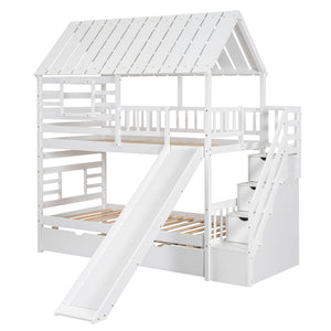 Twin over Twin House Bunk Bed with Trundle and Slide, Storage Staircase, Roof and Window Design, White(Old SKU: GX000931AAK)