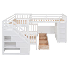 Load image into Gallery viewer, Twin-Twin over Full L-Shaped Bunk Bed With 3 Drawers, Portable Desk and Wardrobe, White
