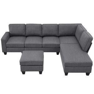 [VIDEO provided] [New] 104.3*78.7" Modern L-shaped Sectional Sofa,7-seat Linen Fabric Couch Set with Chaise Lounge and Convertible Ottoman for Living Room,Apartment,Office,3 Colors