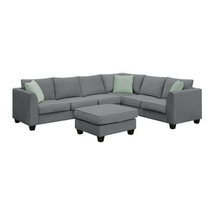 [VIDEO provided] 112*87" Sectional Sofa Couches Living Room Sets, 7 Seats Modular Sectional Sofa with Ottoman, L Shape Fabric Sofa Corner Couch Set with 3 Pillows, Grey(New of GS008210AAG)