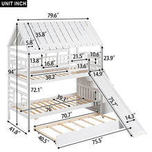 Load image into Gallery viewer, Twin over Twin House Bunk Bed with Trundle and Slide, Storage Staircase, Roof and Window Design, White(Old SKU: GX000931AAK)
