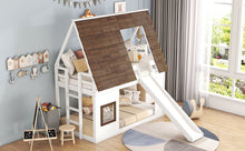 Load image into Gallery viewer, Wood Twin Size House Bunk Bed with Roof, Ladder and Slide, White+Brown
