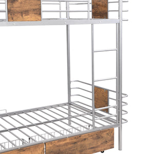 Twin XL over Twin XL Metal Bunk Bed with MDF Board Guardrail and Two Storage Drawers,Silver