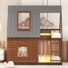 Load image into Gallery viewer, Wood Twin Size House Bunk Bed with Roof, Ladder and 2 Windows, Oak &amp; Smoky Grey
