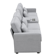 Load image into Gallery viewer, [VIDEO provided] [New] 114.2&quot; Upholstered Sofa with Console, 2 Cupholders and 2 USB Ports Wired or Wirelessly Charged, Modern Linen Fabric Couches with 4 Pillows for Living Room, Apartment (4-Seat)
