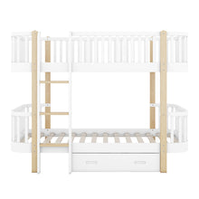 Load image into Gallery viewer, Wood Twin over Twin Bunk Bed with Fence Guardrail and a Big Drawer, White
