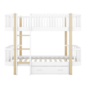 Wood Twin over Twin Bunk Bed with Fence Guardrail and a Big Drawer, White