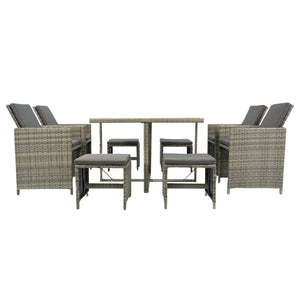 9 Pieces Patio Dining Sets Outdoor Space Saving Rattan Chairs with Glass Table Patio Furniture Sets Cushioned Seating and Back Sectional Conversation Set Grey Wicker + Grey Cushion