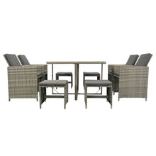 Load image into Gallery viewer, 9 Pieces Patio Dining Sets Outdoor Space Saving Rattan Chairs with Glass Table Patio Furniture Sets Cushioned Seating and Back Sectional Conversation Set Grey Wicker + Grey Cushion
