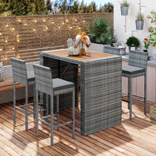 Load image into Gallery viewer, GO 5-pieces Outdoor Patio Wicker Bar Set, Bar Height Chairs With Non-Slip Feet And Fixed Rope, Removable Cushion, Acacia Wood Table Top, Brown Wood And Gray Wicker
