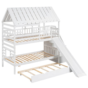 Twin over Twin House Bunk Bed with Trundle and Slide, Storage Staircase, Roof and Window Design, White(Old SKU: GX000931AAK)