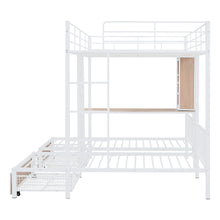 Load image into Gallery viewer, Full Over Twin &amp; Twin Triple Bunk Bed with Drawers, Multi-functional Metal Frame Bed with desks and shelves in the middle, White
