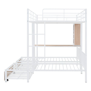 Full Over Twin & Twin Triple Bunk Bed with Drawers, Multi-functional Metal Frame Bed with desks and shelves in the middle, White