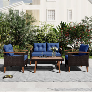 GO 4-Piece Garden Furniture,  Patio Seating Set, PE Rattan Outdoor Sofa Set, Wood Table and Legs, Brown and Blue