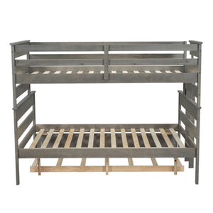 Wood Twin over Full Bunk Bed with Twin Size Trundle, Gray