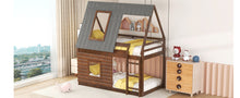 Load image into Gallery viewer, Wood Twin Size House Bunk Bed with Roof, Ladder and 2 Windows, Oak &amp; Smoky Grey
