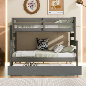 Wood Twin over Full Bunk Bed with Twin Size Trundle, Gray