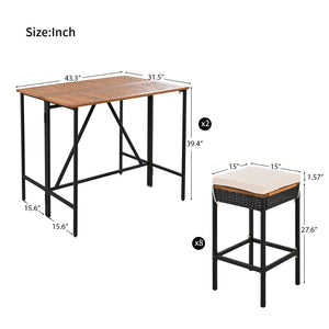 GO 10-Piece Outdoor Acacia Wood Bar Height Table And Eight Stools With Cushions, Garden PE Rattan Wicker Dining Table, Foldable Tabletop, High-Dining Bistro Set, All-Weather Patio Furniture, Brown