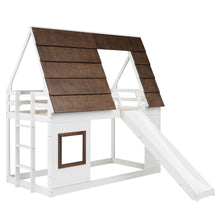 Load image into Gallery viewer, Wood Twin Size House Bunk Bed with Roof, Ladder and Slide, White+Brown
