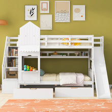 Load image into Gallery viewer, Twin-Over-Twin Castle Style Bunk Bed with 2 Drawers 3 Shelves and Slide - White
