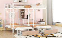 Load image into Gallery viewer, Full Over Twin &amp; Twin Triple Bunk Bed with Drawers, Multi-functional Metal Frame Bed with desks and shelves in the middle, White
