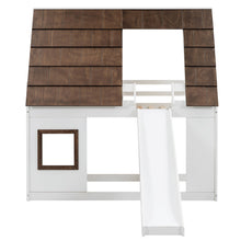 Load image into Gallery viewer, Wood Twin Size House Bunk Bed with Roof, Ladder and Slide, White+Brown
