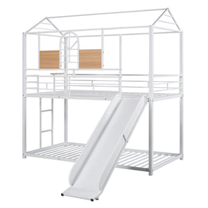 Twin Over Twin Metal Bunk Bed ,Metal Housebed With Slide,Three Colors Available.(White with White  Slide)(OLD SKU :LP000095AAK)