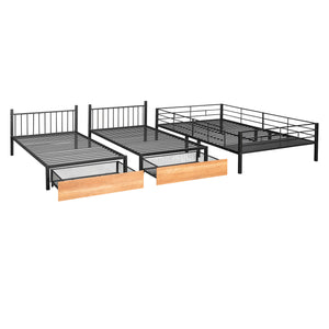 Full Over Twin & Twin Bunk Bed, Metal Triple Bunk Bed with Drawers and Guardrails, Black