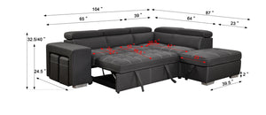 105" Sectional Sofa with Adjustable Headrest ,Sleeper Sectional Pull Out Couch Bed with Storage Ottoman and 2 Stools,Charcoal Grey