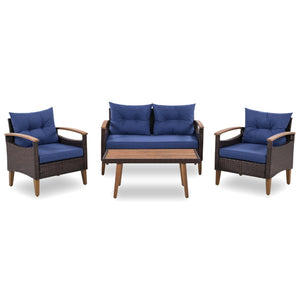 GO 4-Piece Garden Furniture,  Patio Seating Set, PE Rattan Outdoor Sofa Set, Wood Table and Legs, Brown and Blue