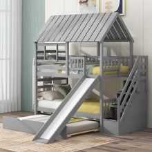 Load image into Gallery viewer, Twin over Twin House Bunk Bed with Trundle and Slide, Storage Staircase, Roof and Window Design, Gray(Old SKU: GX000931AAE)
