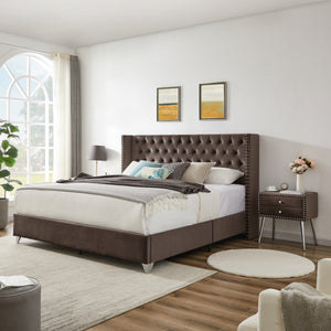 B100S King bed with two nightstands, Button designed Headboard,strong wooden slats + metal legs with Electroplate